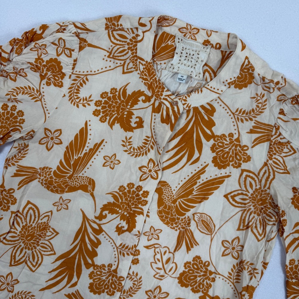 Johnny Was Jade Tropical Hummingbird Floral Rayon Boho Button Down Top Ochre XS
